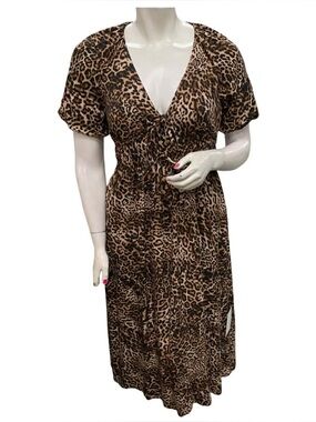Nobody Child NWT Leopard Print V-Neck Midi Dress - Brown & Black S10